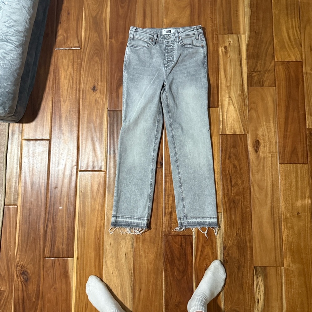 PAIGE Light Gray Frayed Hem Cropped Jeans